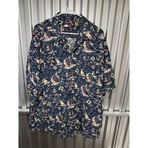 Vtg 90s Tommy Hilfiger Rayon XL Nautical Sailboat Anchor All Over Print Shirt